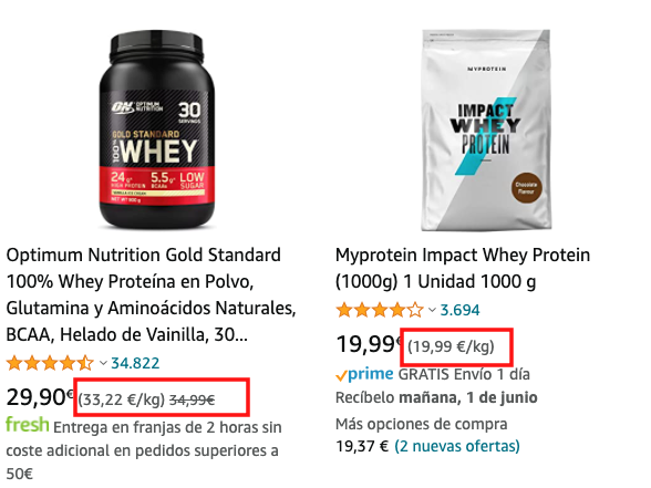 Ver el precio de la proteina por peso